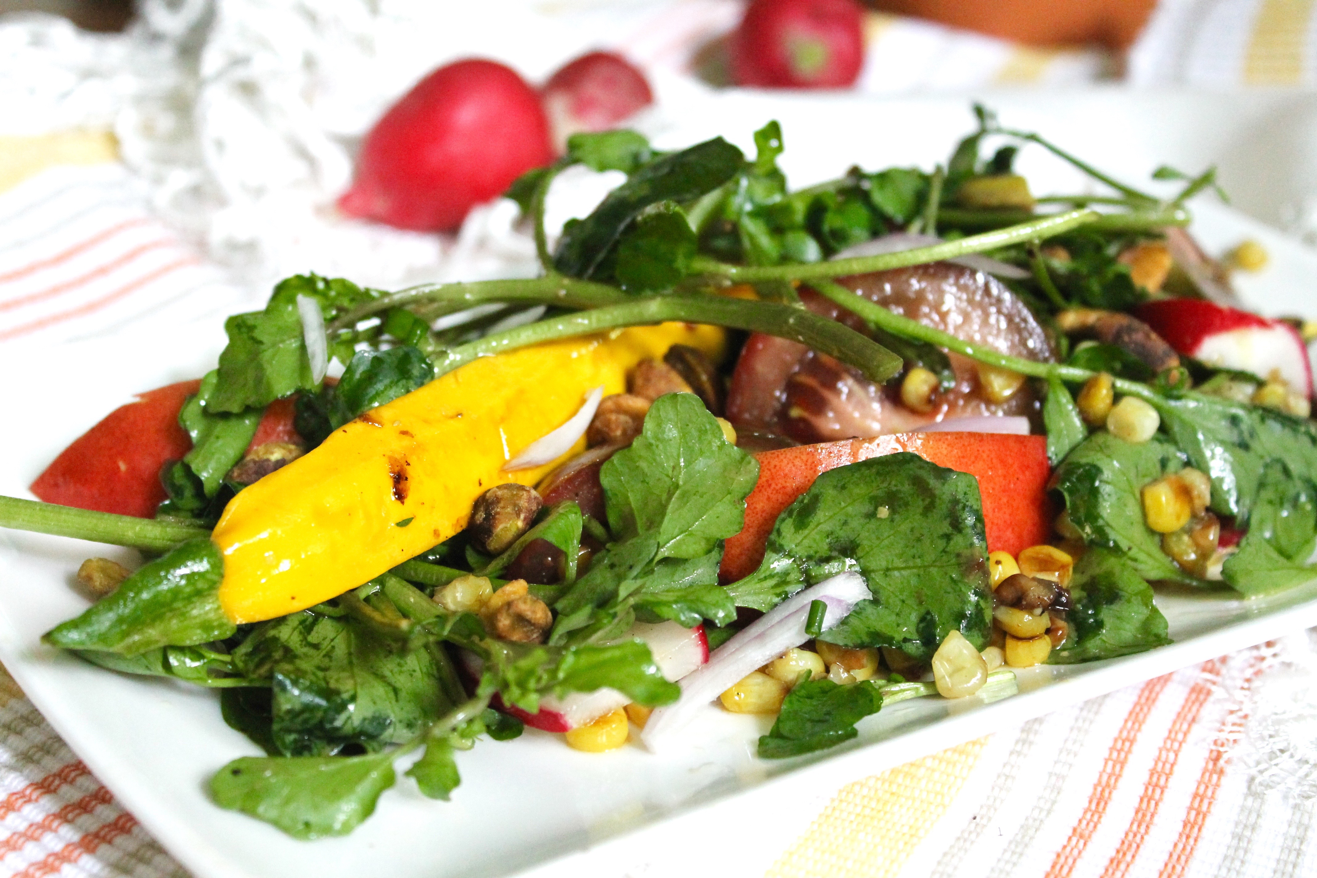 Nectarine, Watercress, Tomato Summer Salad  With Pistachios and a Cirtus Vinaigrette
