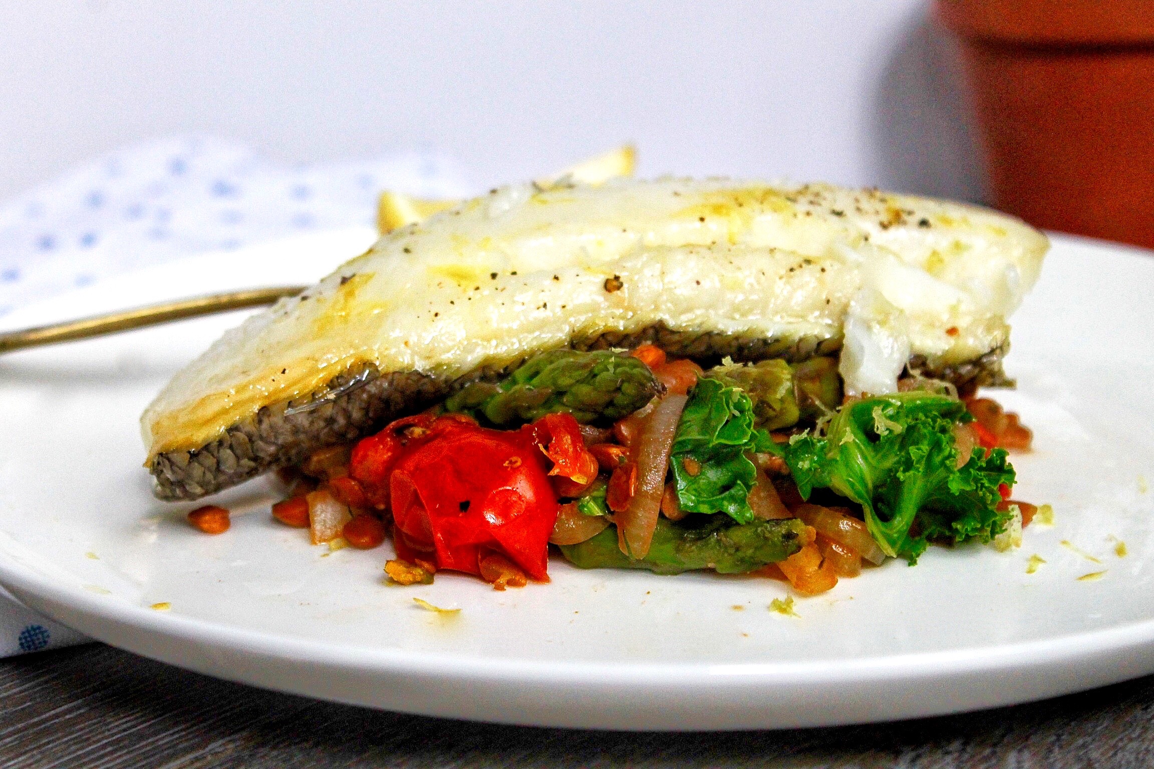 Sea Bass with Lentils, Tomatoes and Asparagus